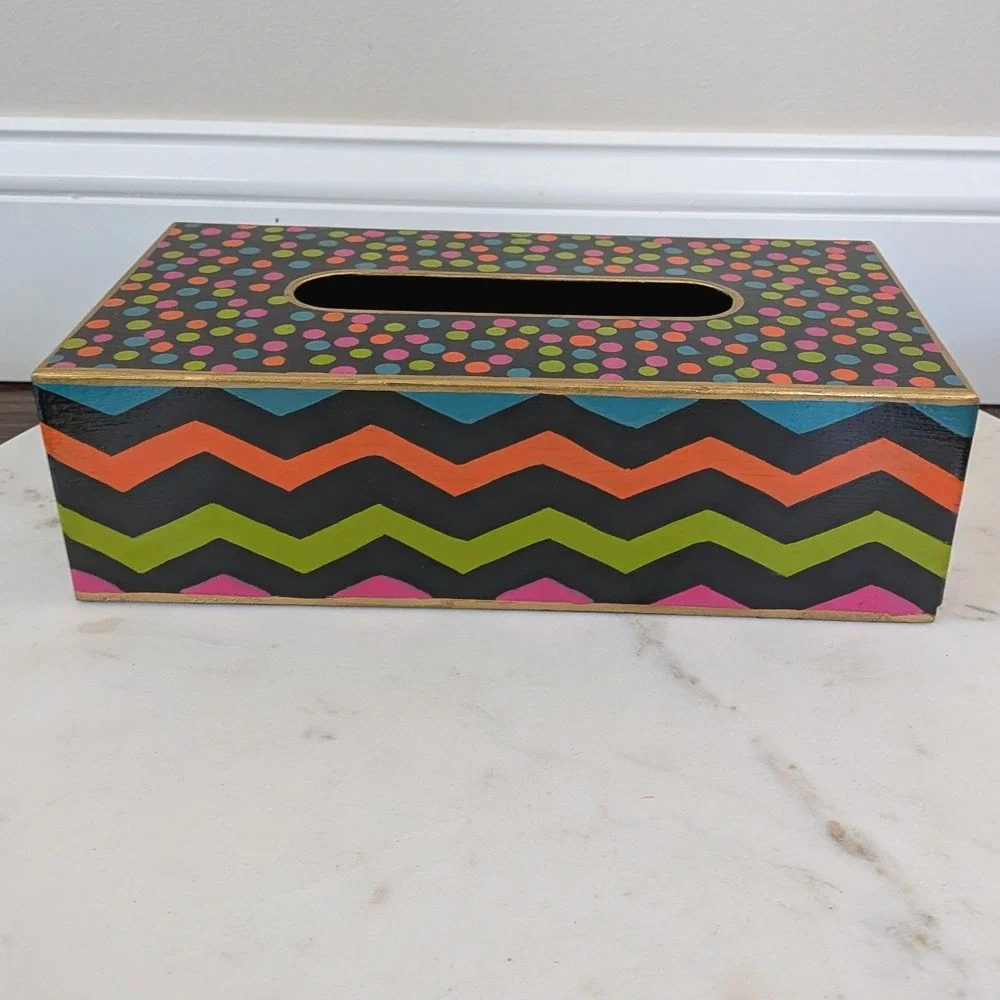 Mackenzie Childs Trampoline Standard Tissue Box Cover Bright Zig Zag Polka Dots - Picture 6 of 7